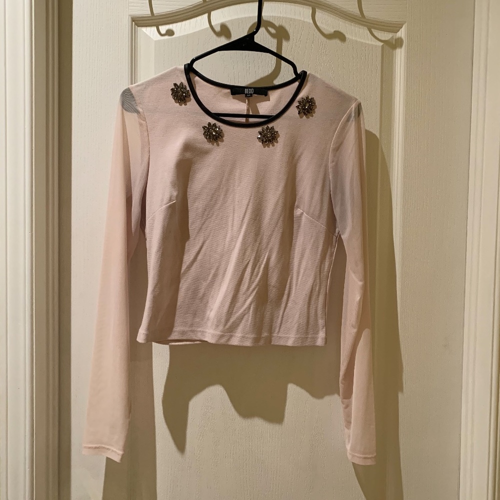 Baby Pink Crop Top With Mesh Sleeves/ Size M